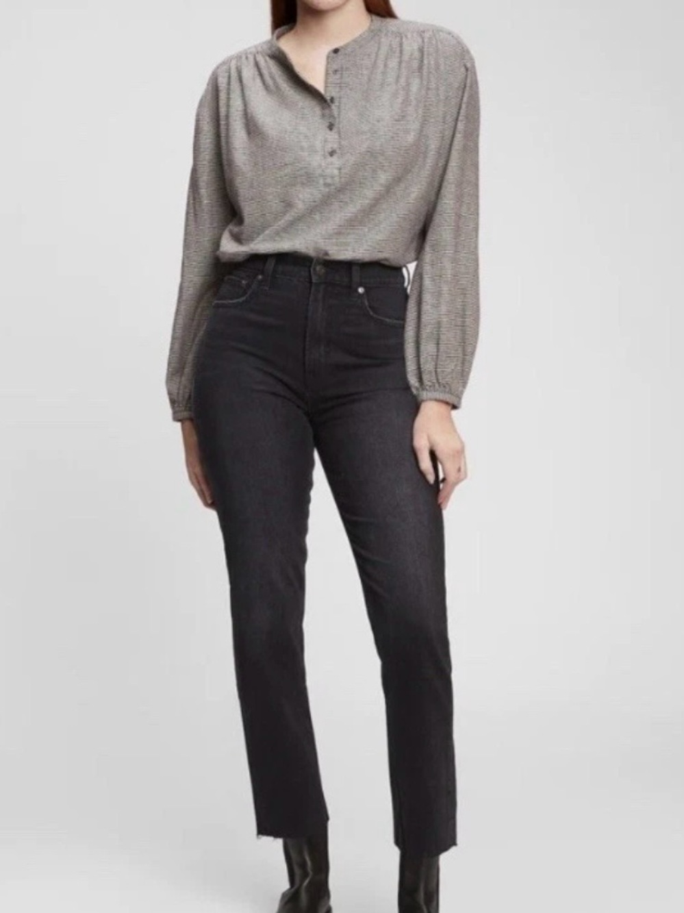 GAP Black & White Houndstooth Long Sleeve Cotton Button Down Henley, XL Tall